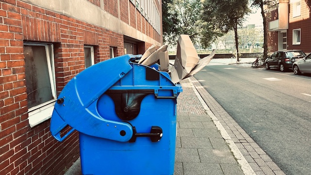 Pappe steckt in einem großen blauen Container.