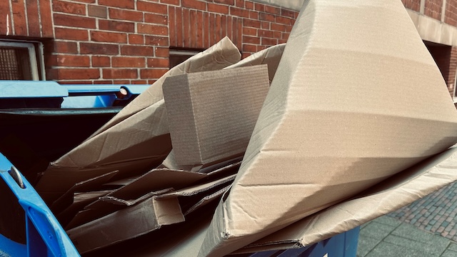 Pappe steckt in einem großen blauen Container.