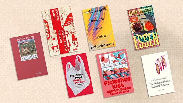 Sieben Bücher Cover liege auf beigen Hintergrund